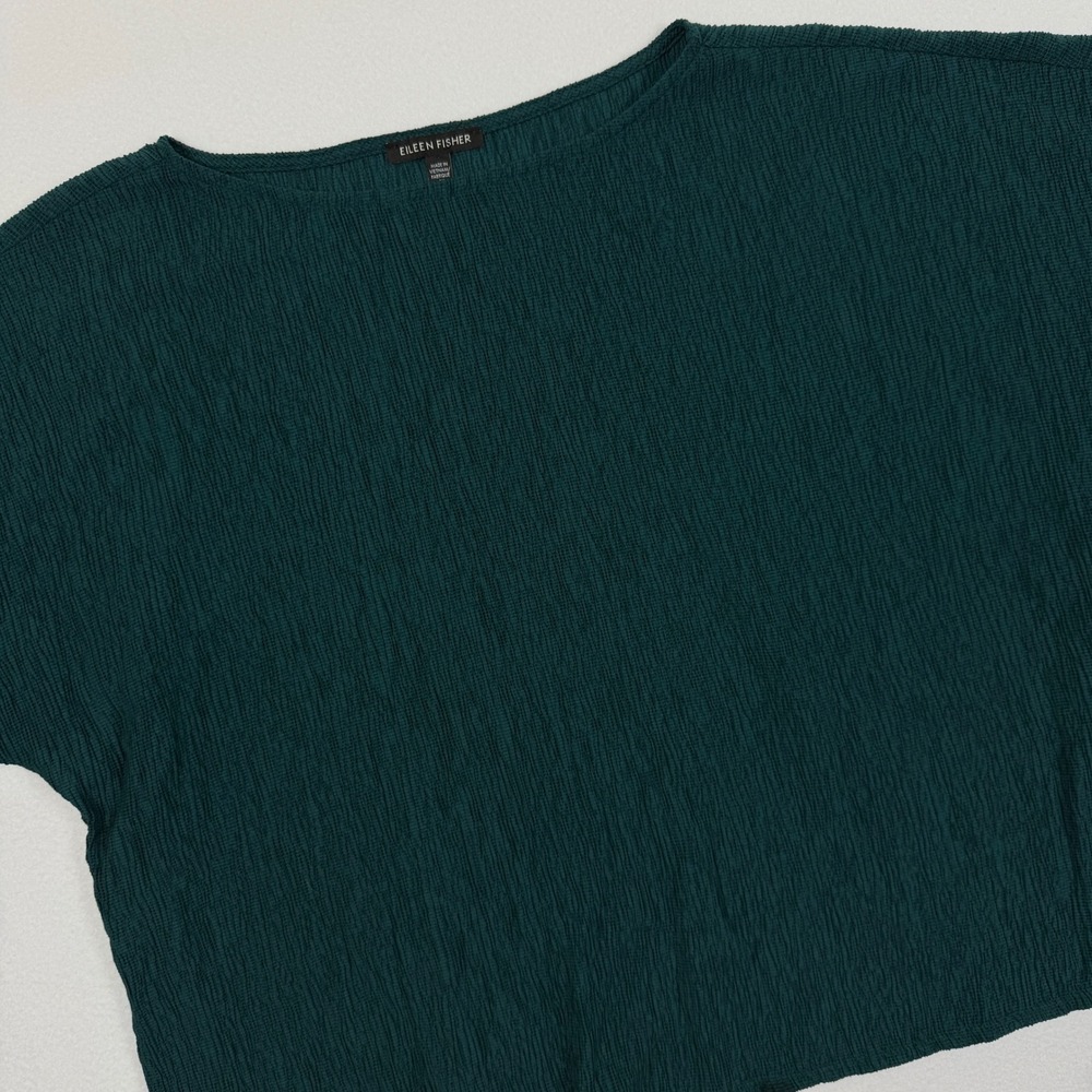 Eileen Fisher Green Textured Tencel Lyocell Boxy Boat Neck Top Small S